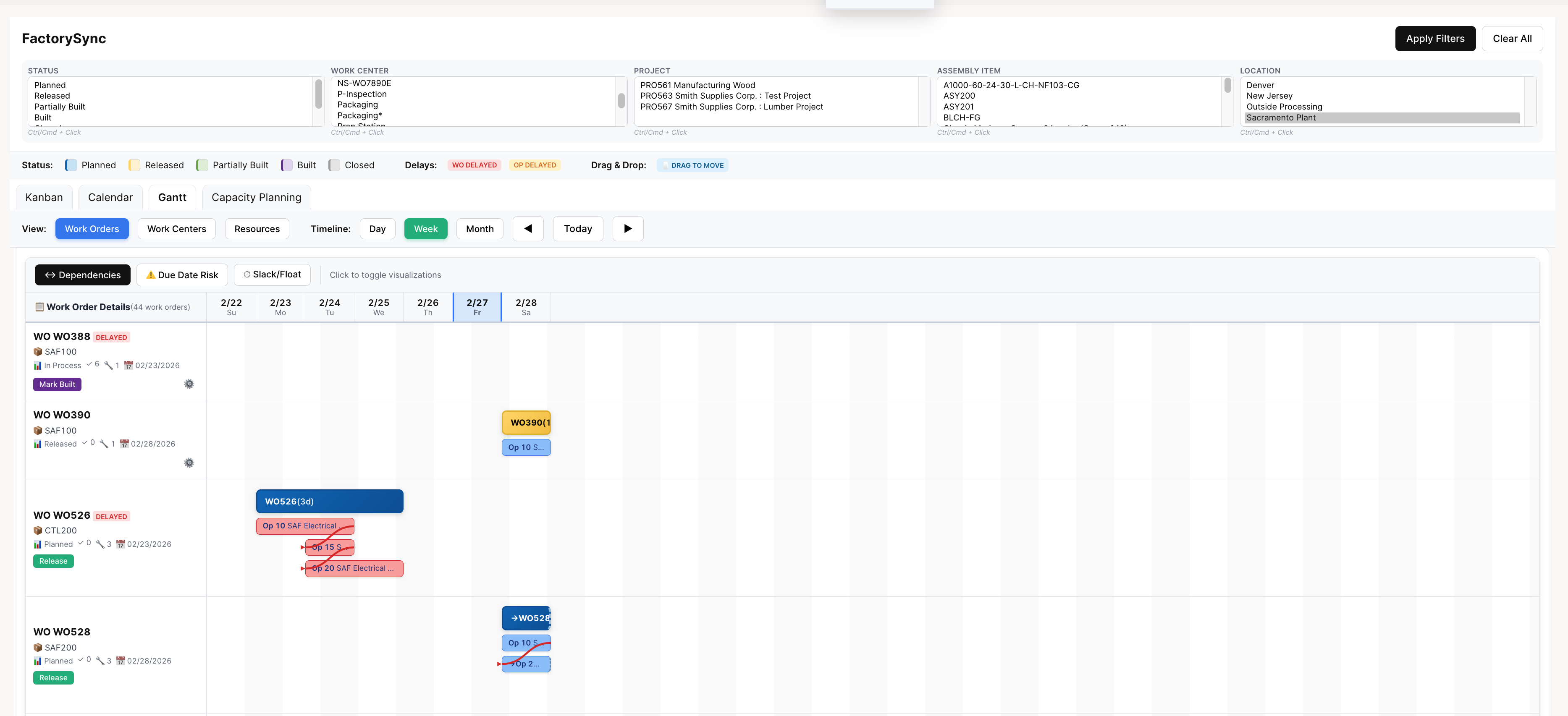 Gantt with Dependencies toggle showing arrow connections between dependent operations