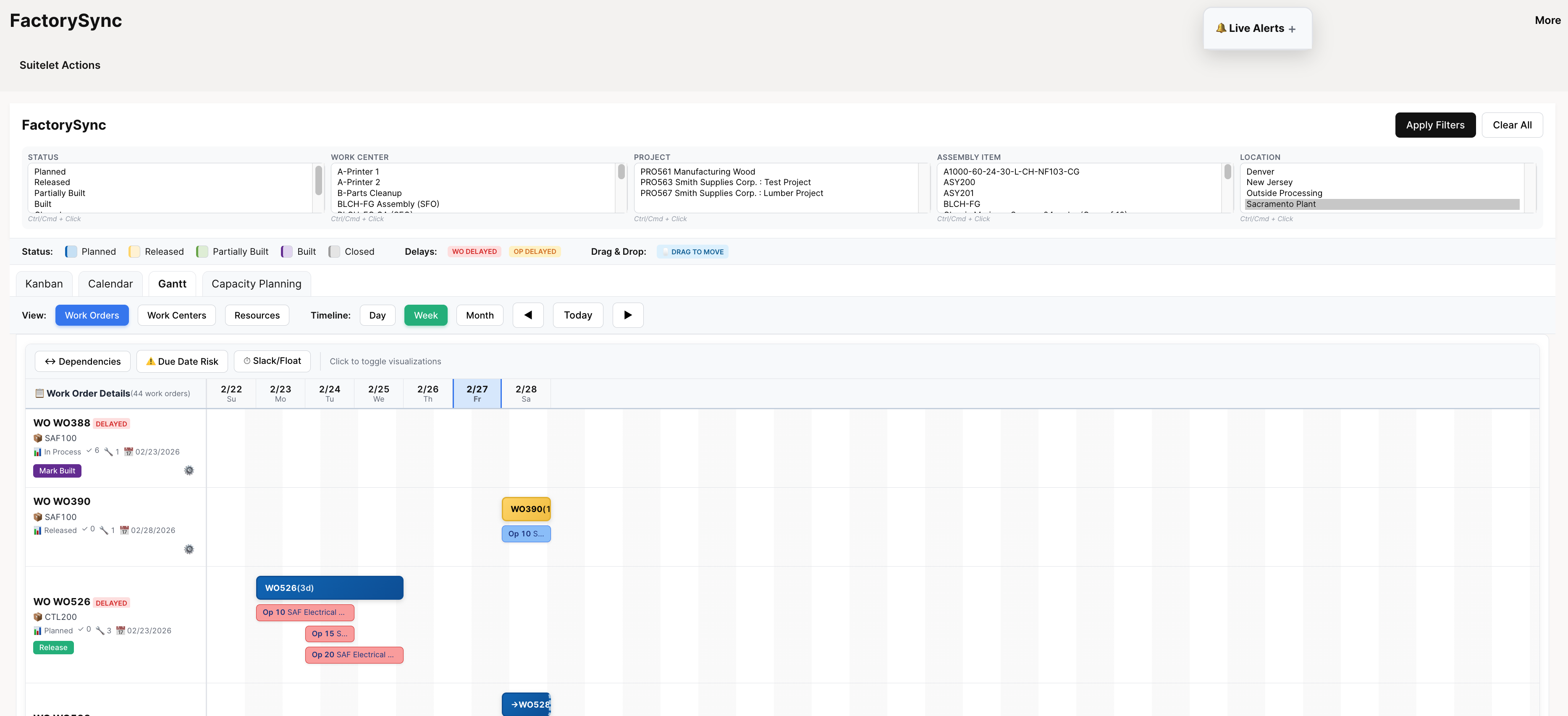 Work Order Gantt showing operation bars in sequence on a timeline with Release and Mark Built buttons