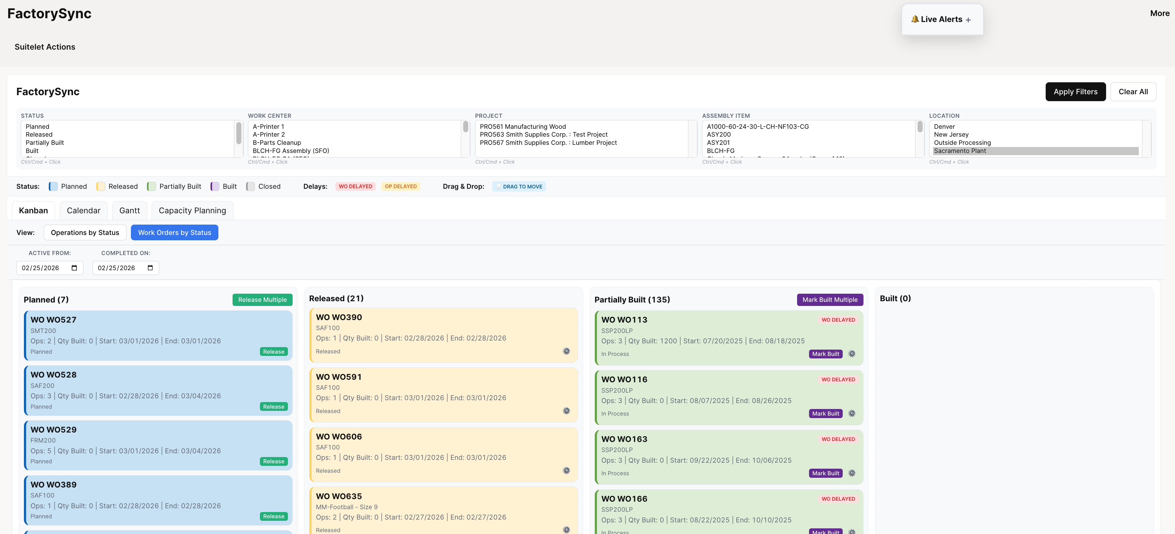Work Orders Kanban Board showing four columns with WO cards and DELAYED badges