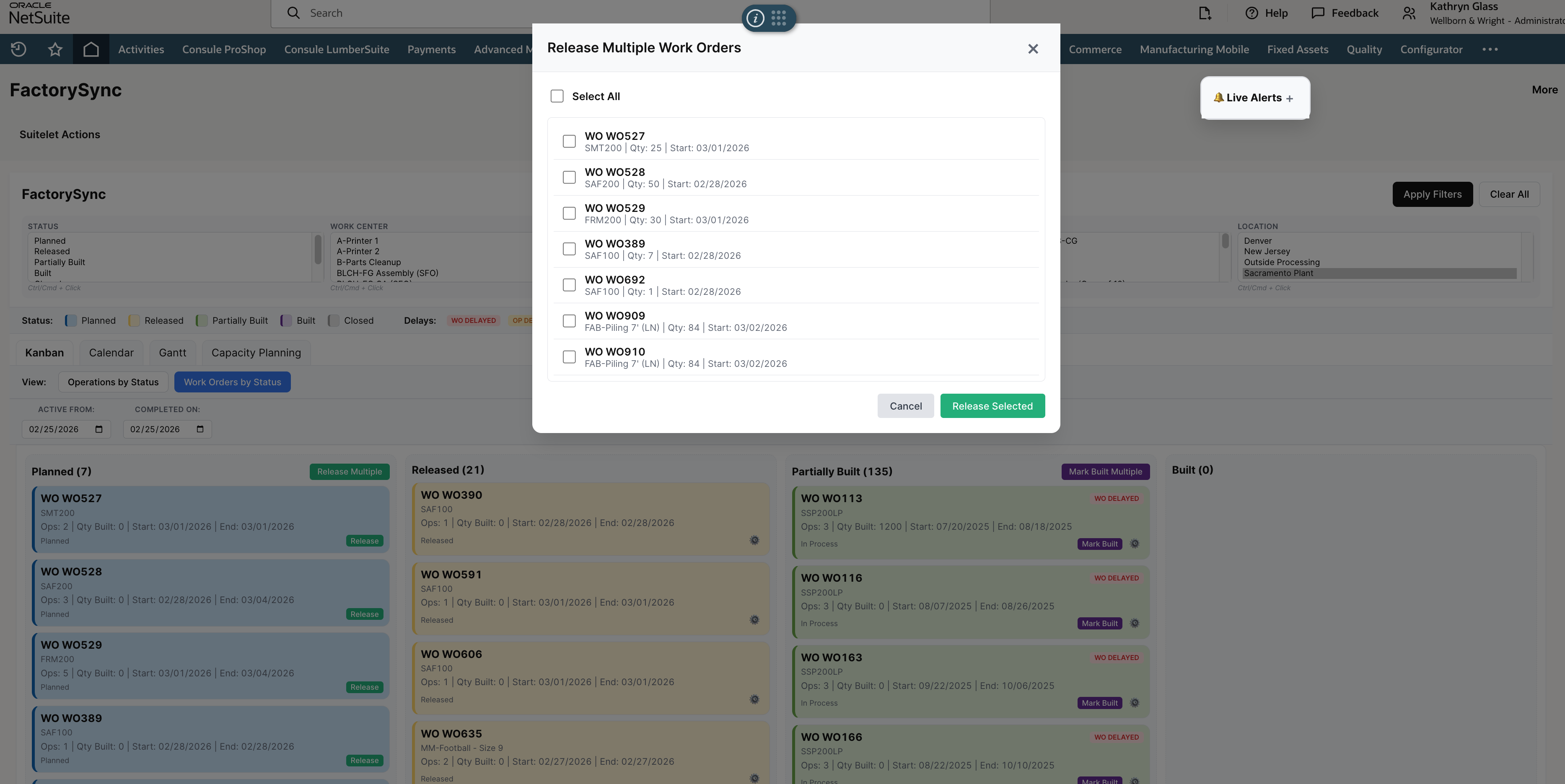 Release Multiple Work Orders modal with checkboxes for bulk release showing WO details before confirming